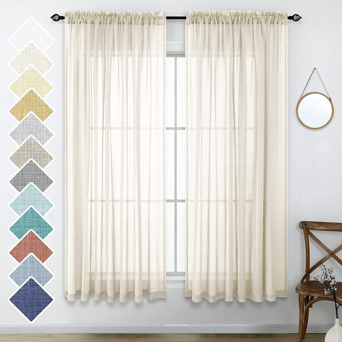 Navy Blue Semi Sheer Faux Linen Rod Pocket Curtains 84 Inch Set of 2 Panels U5073
