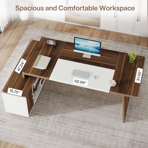 L-Shaped Executive Office Desk with Storage Cabinet and Shelves J7693