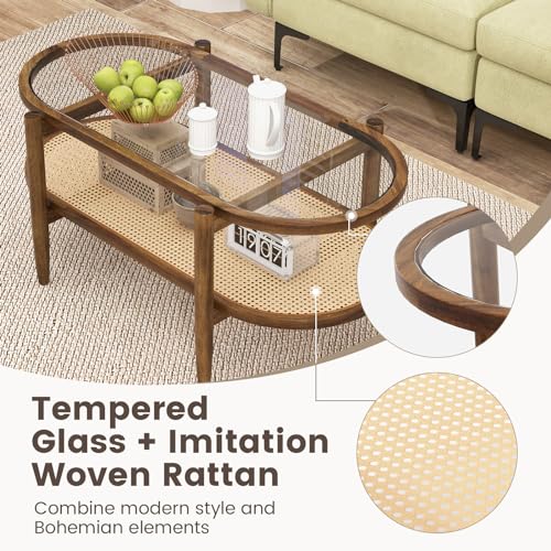 40”L Oval Acacia Wood Rattan Coffee Table with Tempered Glass Tabletop X7056